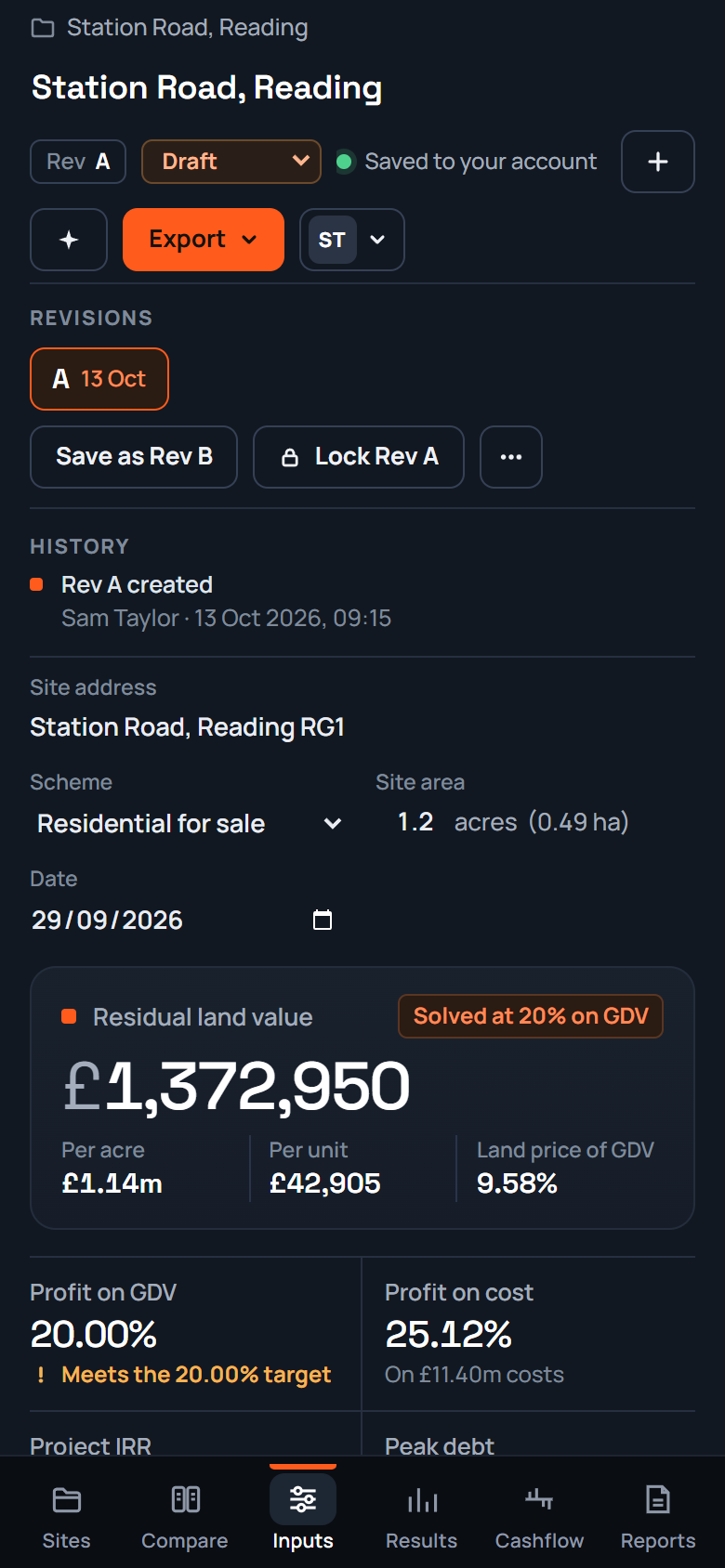 Kettly’s mobile layout showing the residual land value and headline appraisal results.